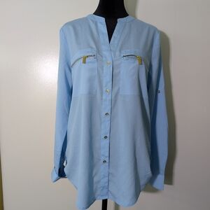 Oversized Light Baby Blue Button Up Blouse with Gold Accents Shirt